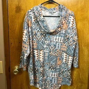 2X Print Cowl Neck 3/4 sleeve shirt